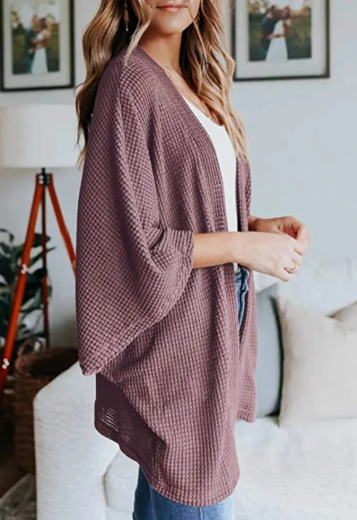 Women Lightweight  Loose Waffle Knit 3/4 Batwing Sleeve Cardigans Sweater