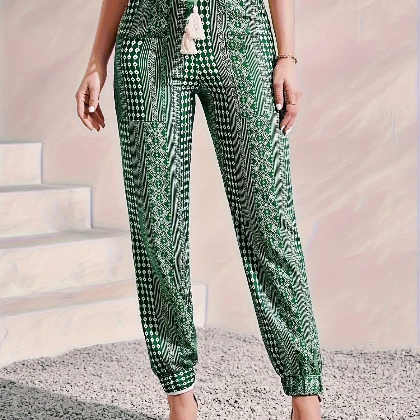 Women's Boho Chic High Waist Jogger Pants, Spring & Summer Tribal Print Tied Waist Pants for Stylish Ladies