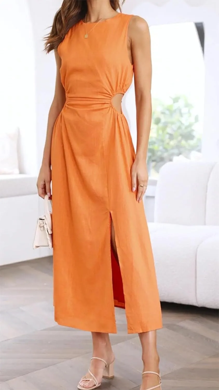 Womens Crew Neck Sleeveless Midi Dress Summer Cut Out Twist Split Hem Long Dress Elegant Solid Sweet Fashion Dresses