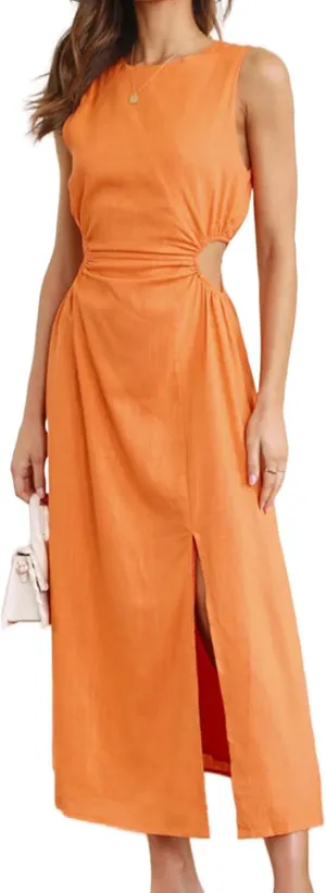 Womens Crew Neck Sleeveless Midi Dress Summer Cut Out Twist Split Hem Long Dress Elegant Solid Sweet Fashion Dresses
