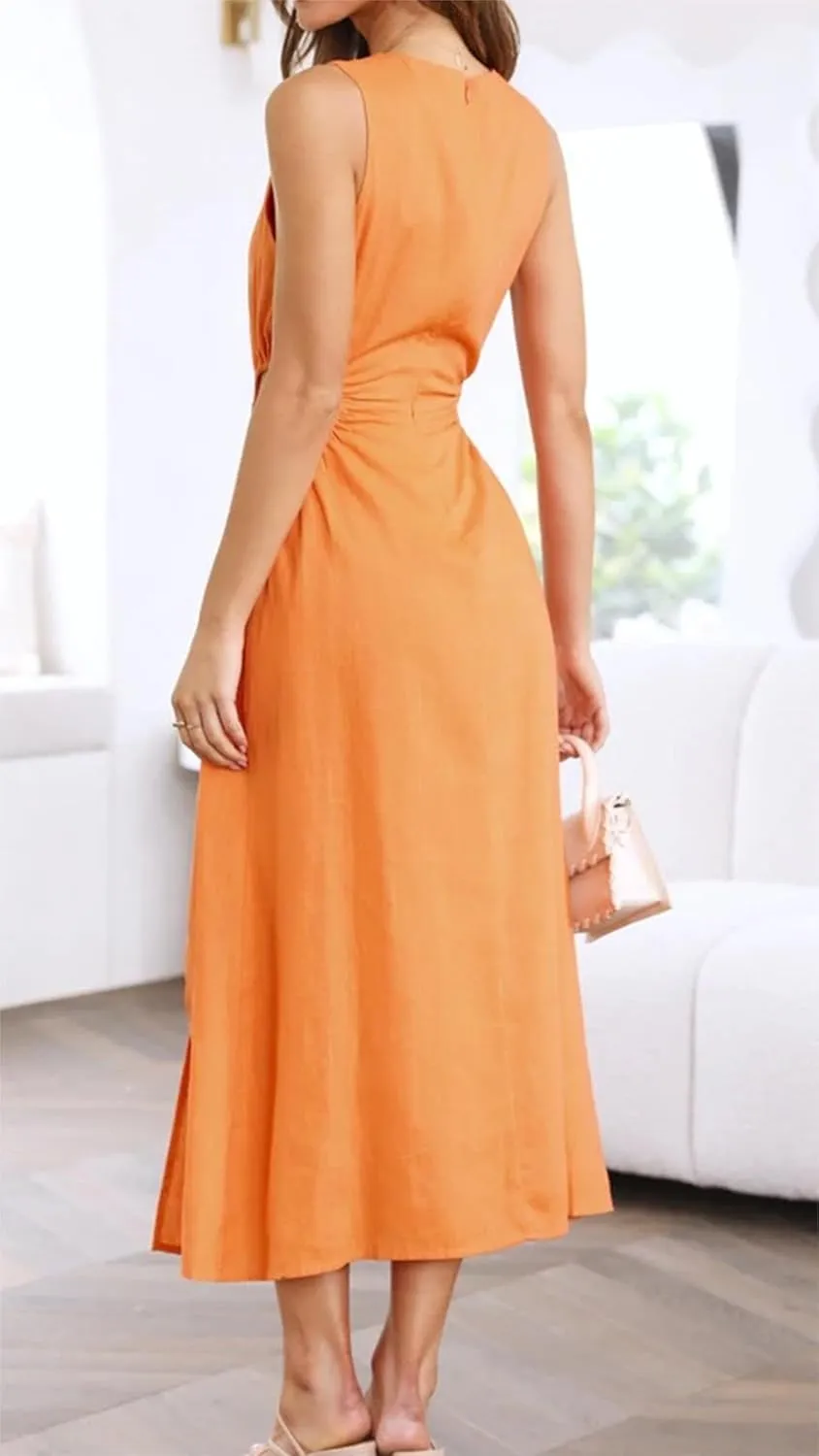 Womens Crew Neck Sleeveless Midi Dress Summer Cut Out Twist Split Hem Long Dress Elegant Solid Sweet Fashion Dresses