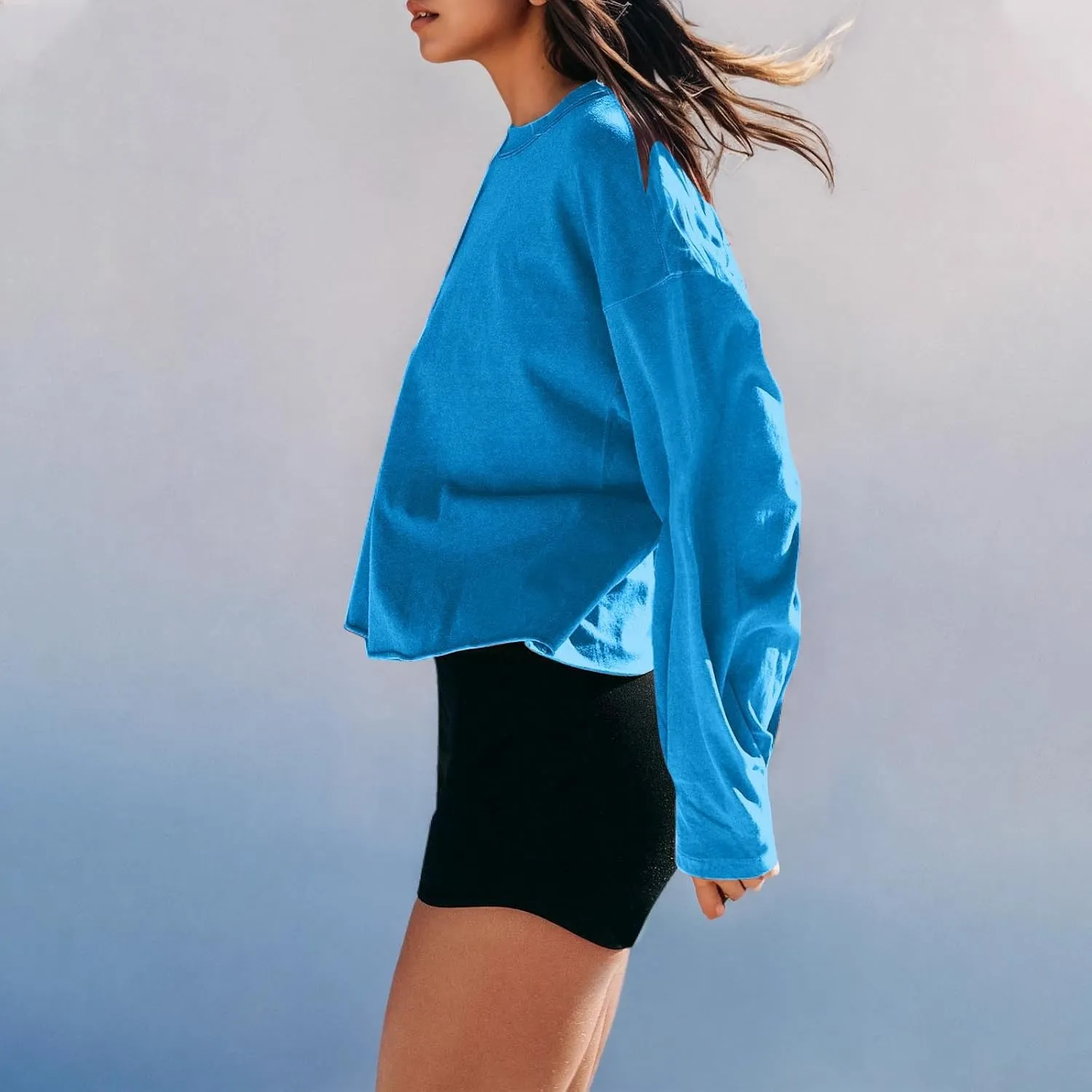 Womens Cropped Sweatshirts 2024 Fall Fashion Clothes Teen Girl Long Sleeve Oversized Crewneck Crop Pullover Tops