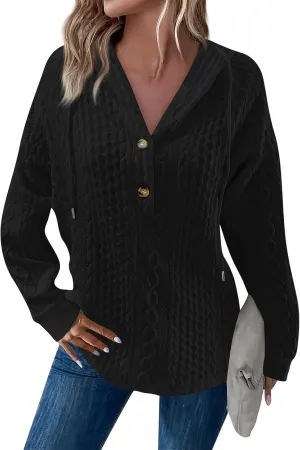 Women's Long Sleeve Hooded Trendy Drawstring Sweatshirt 2024 Button Loose V-Neck Top Comfy Slim Clothes