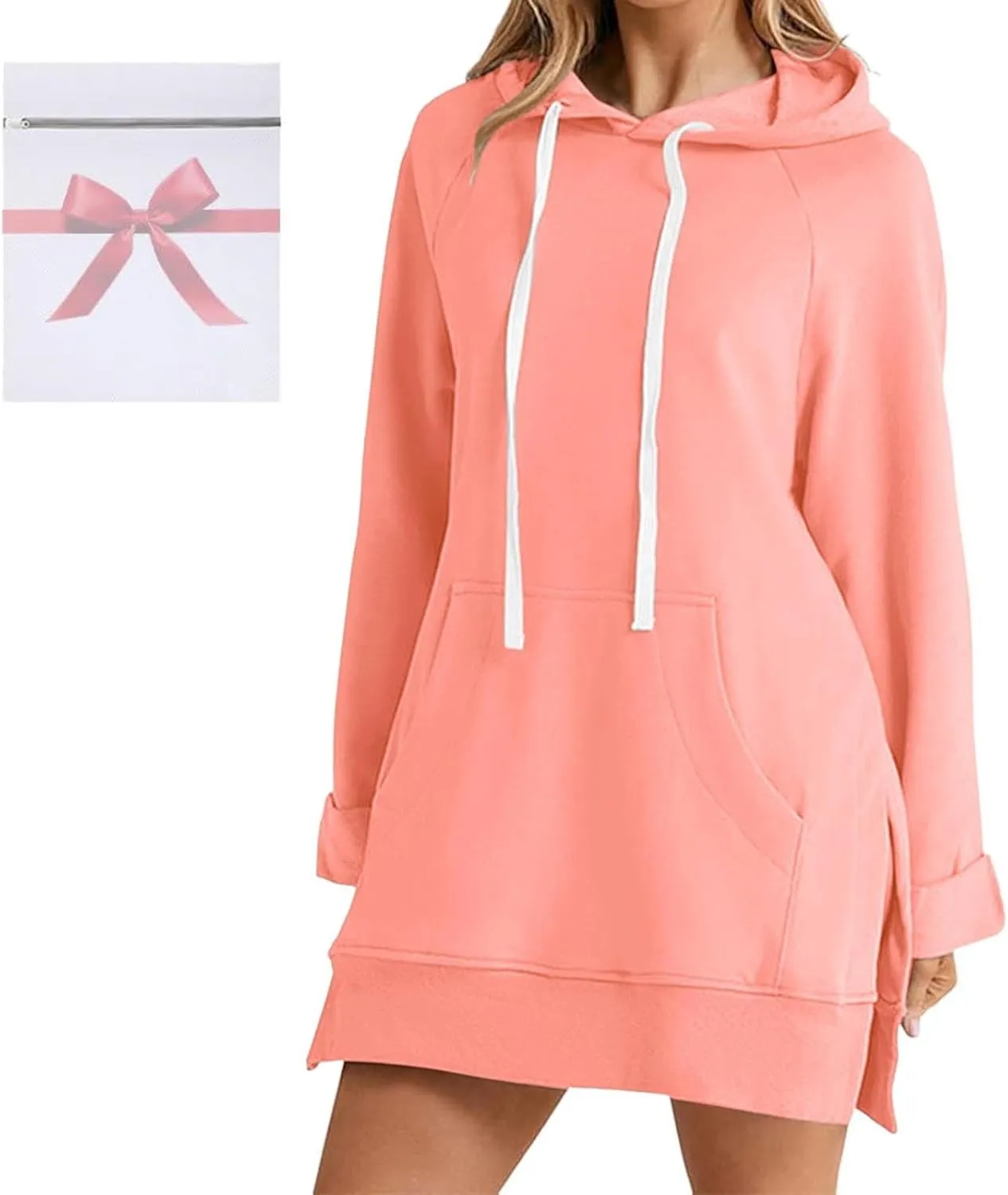 Womens Oversized Sweatshirts Hoodies Casual Long Sleeve Fleece Tops Solid Color Drawstring Pullover Split Soft Outfits
