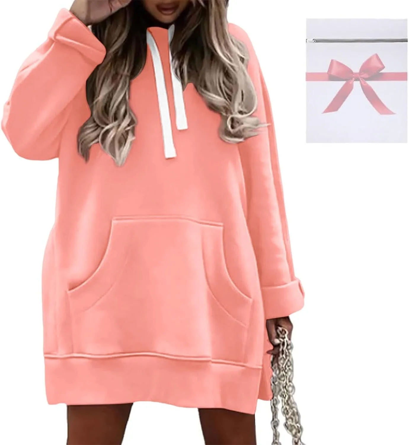 Womens Oversized Sweatshirts Hoodies Casual Long Sleeve Fleece Tops Solid Color Drawstring Pullover Split Soft Outfits