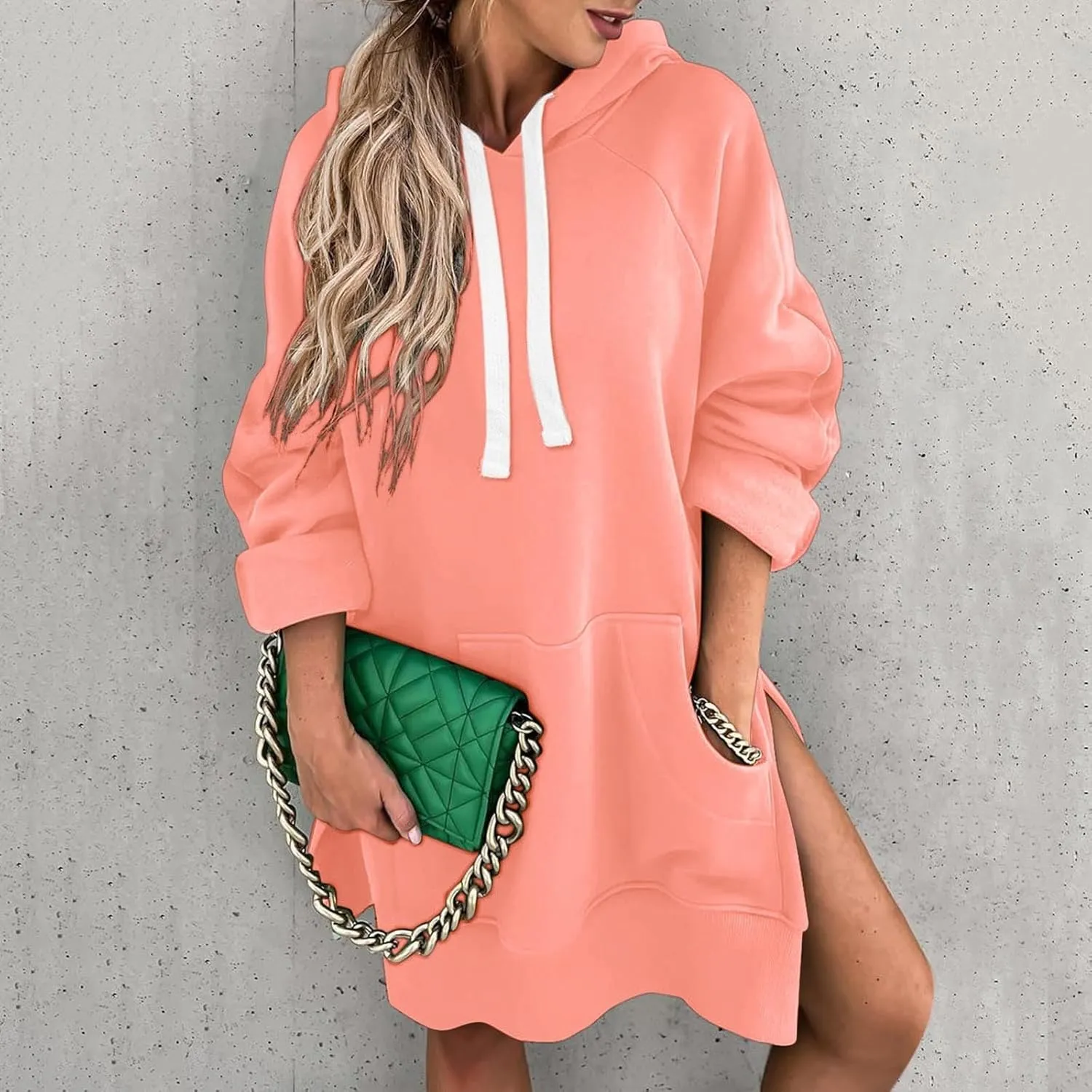 Womens Oversized Sweatshirts Hoodies Casual Long Sleeve Fleece Tops Solid Color Drawstring Pullover Split Soft Outfits
