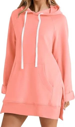 Womens Oversized Sweatshirts Hoodies Casual Long Sleeve Fleece Tops Solid Color Drawstring Pullover Split Soft Outfits