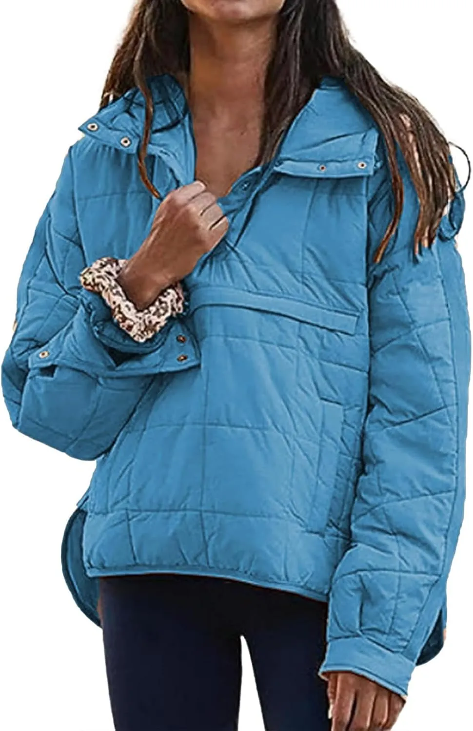 Womens Pullover Puffer Jacket Long Sleeve Oversized Quilted Hoodies Solid Color Hooded Sweatshirt Tops Fall Cozy Coats