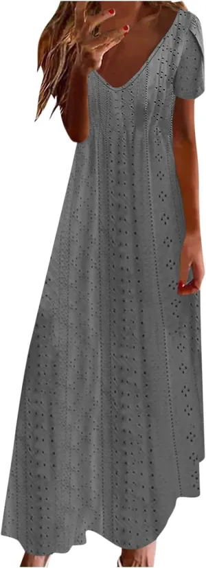 Women's Summer Maxi Dress Trendy Eyelet Embroidery Petal Sleeve Beach Dresses Ladies Casual A-Line Flowy Long Dress
