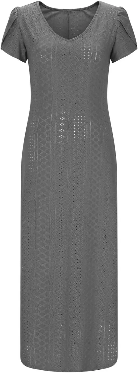 Women's Summer Maxi Dress Trendy Eyelet Embroidery Petal Sleeve Beach Dresses Ladies Casual A-Line Flowy Long Dress