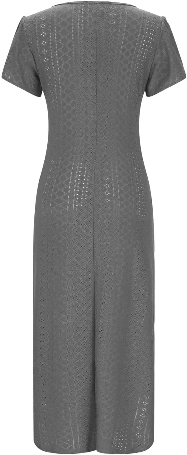 Women's Summer Maxi Dress Trendy Eyelet Embroidery Petal Sleeve Beach Dresses Ladies Casual A-Line Flowy Long Dress
