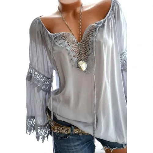 xakxx xakxx Autumn Elegant Hollow Lace Stitching Solid Color Women Long Sleeve Shirt Top Plus Size Casual Women Blouses Women Tops