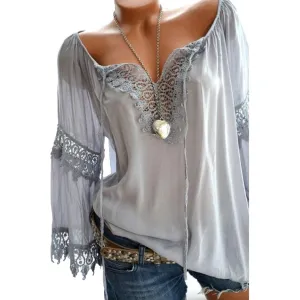 xakxx xakxx Autumn Elegant Hollow Lace Stitching Solid Color Women Long Sleeve Shirt Top Plus Size Casual Women Blouses Women Tops