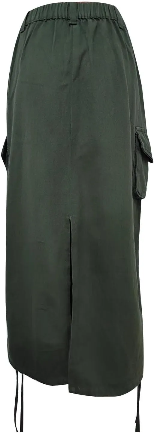 Y2k Cargo Denim Long Skirts for Women - Trendy High Waisted Vintage Split Side Drawstring Midi Skirt with Flap Pockets