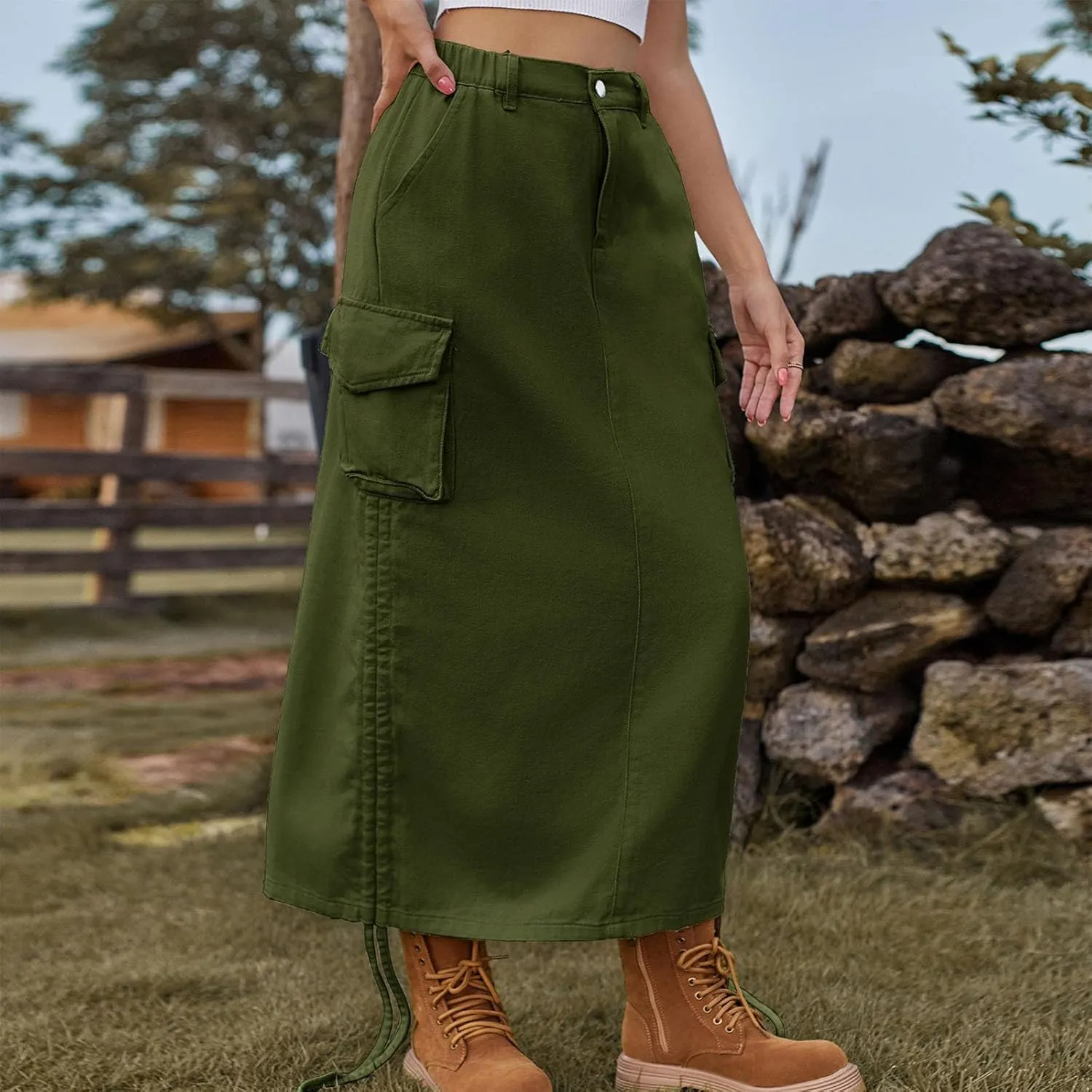 Y2k Cargo Denim Long Skirts for Women - Trendy High Waisted Vintage Split Side Drawstring Midi Skirt with Flap Pockets