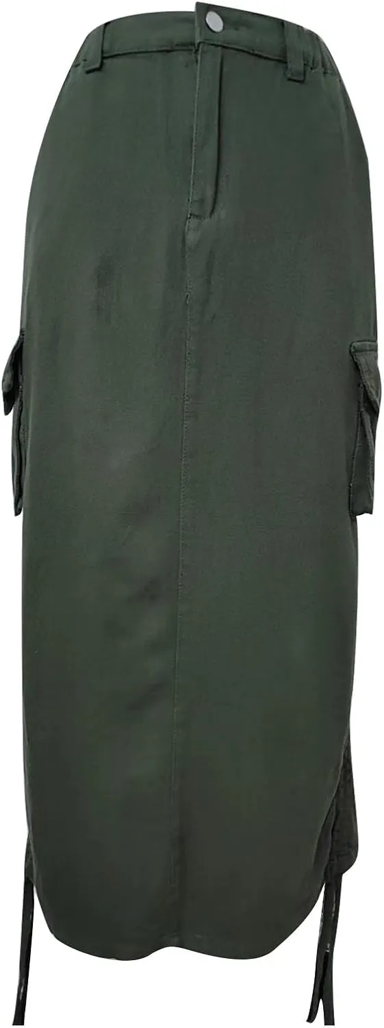 Y2k Cargo Denim Long Skirts for Women - Trendy High Waisted Vintage Split Side Drawstring Midi Skirt with Flap Pockets