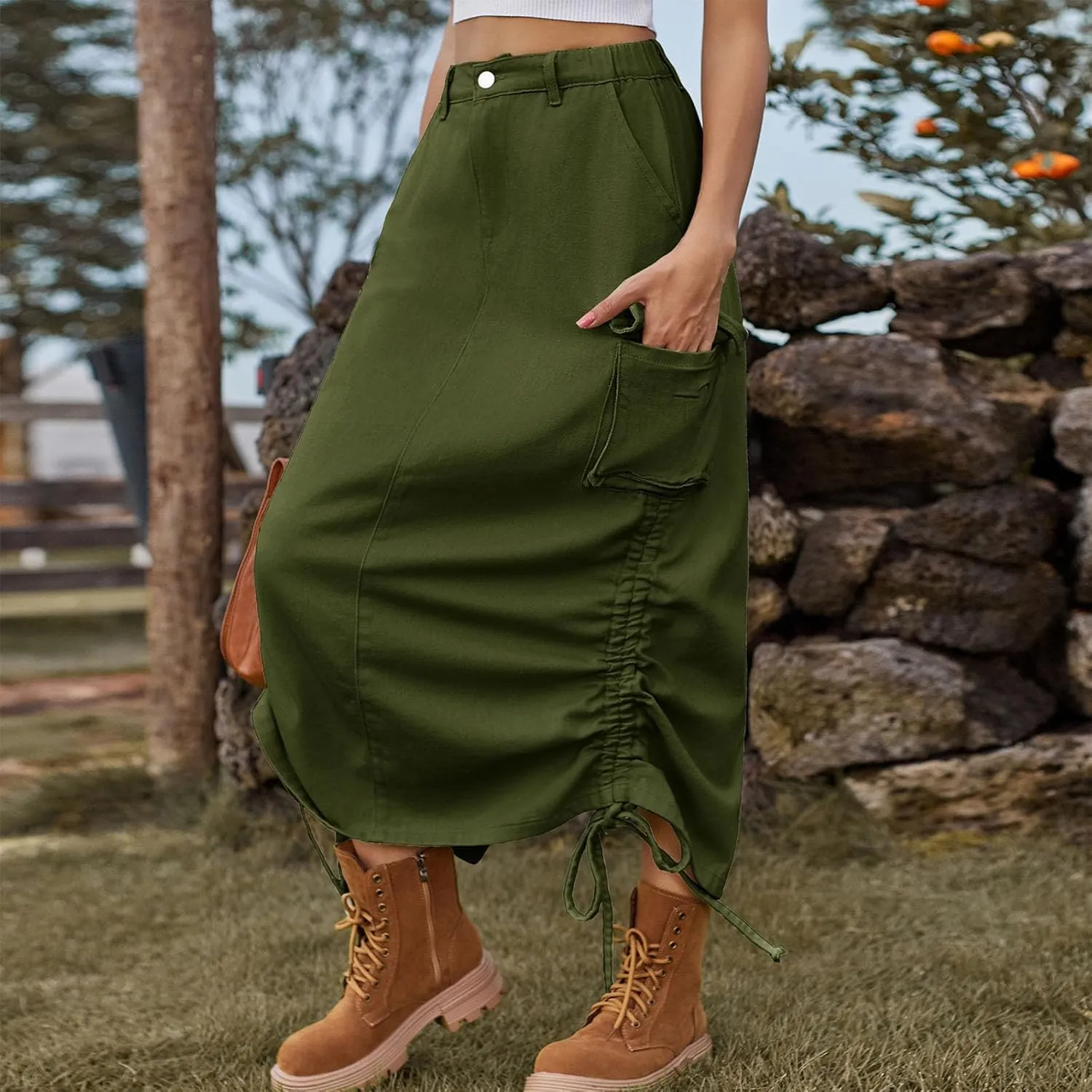 Y2k Cargo Denim Long Skirts for Women - Trendy High Waisted Vintage Split Side Drawstring Midi Skirt with Flap Pockets