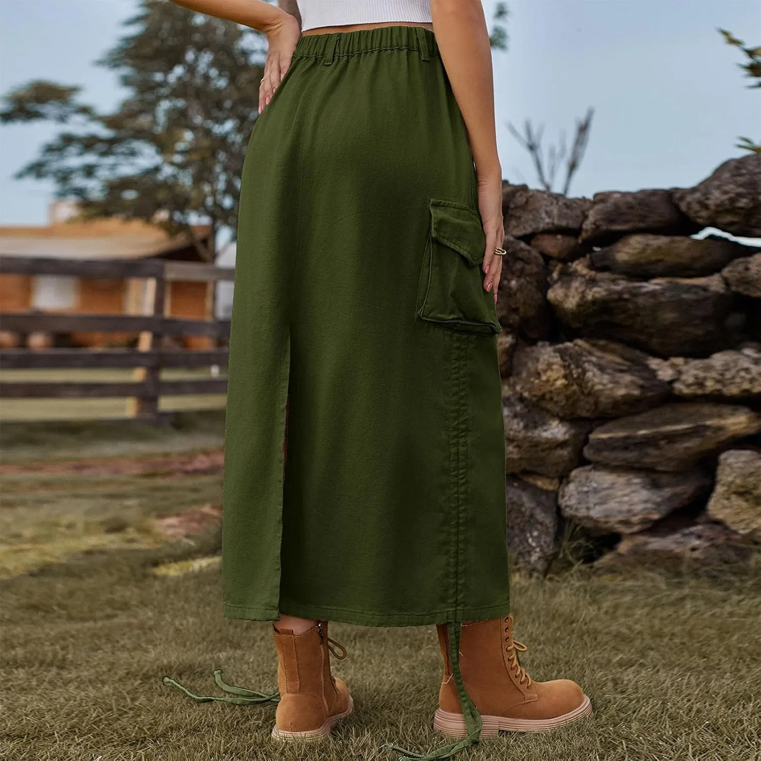 Y2k Cargo Denim Long Skirts for Women - Trendy High Waisted Vintage Split Side Drawstring Midi Skirt with Flap Pockets