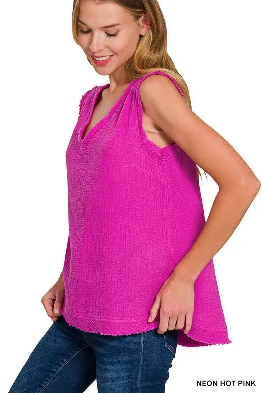 Zenana Double Gauze Raw Edge V-Neck Tank Neon Hot Pink