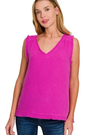 Zenana Double Gauze Raw Edge V-Neck Tank Neon Hot Pink